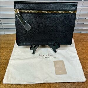 India Hicks Black Leather Clutch with Gold Accents